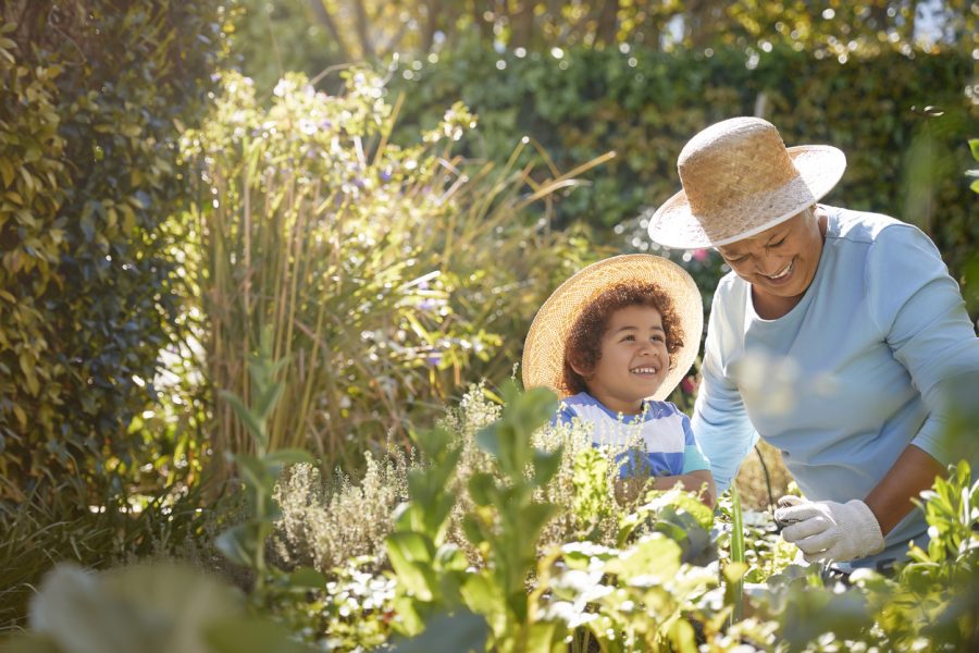 A grandmother and grandchild sit in a patch of sunshine, wearing gardening gear, surrounded by lush greenery.