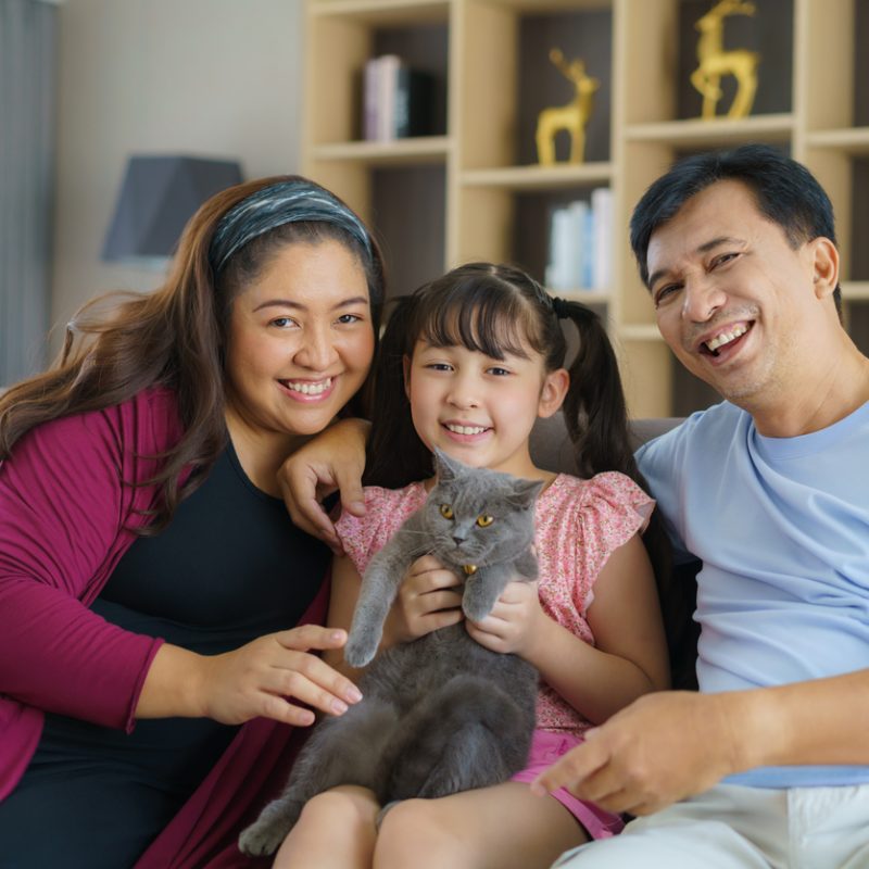 A happy family sits together on a couch in their apartment, with the daughter holding a cat.