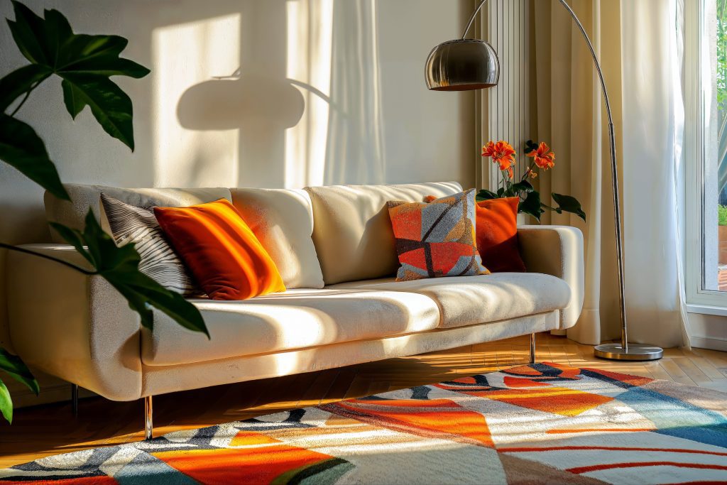 A colorful apartment living room with a rug and a couch covered in throw pillows.