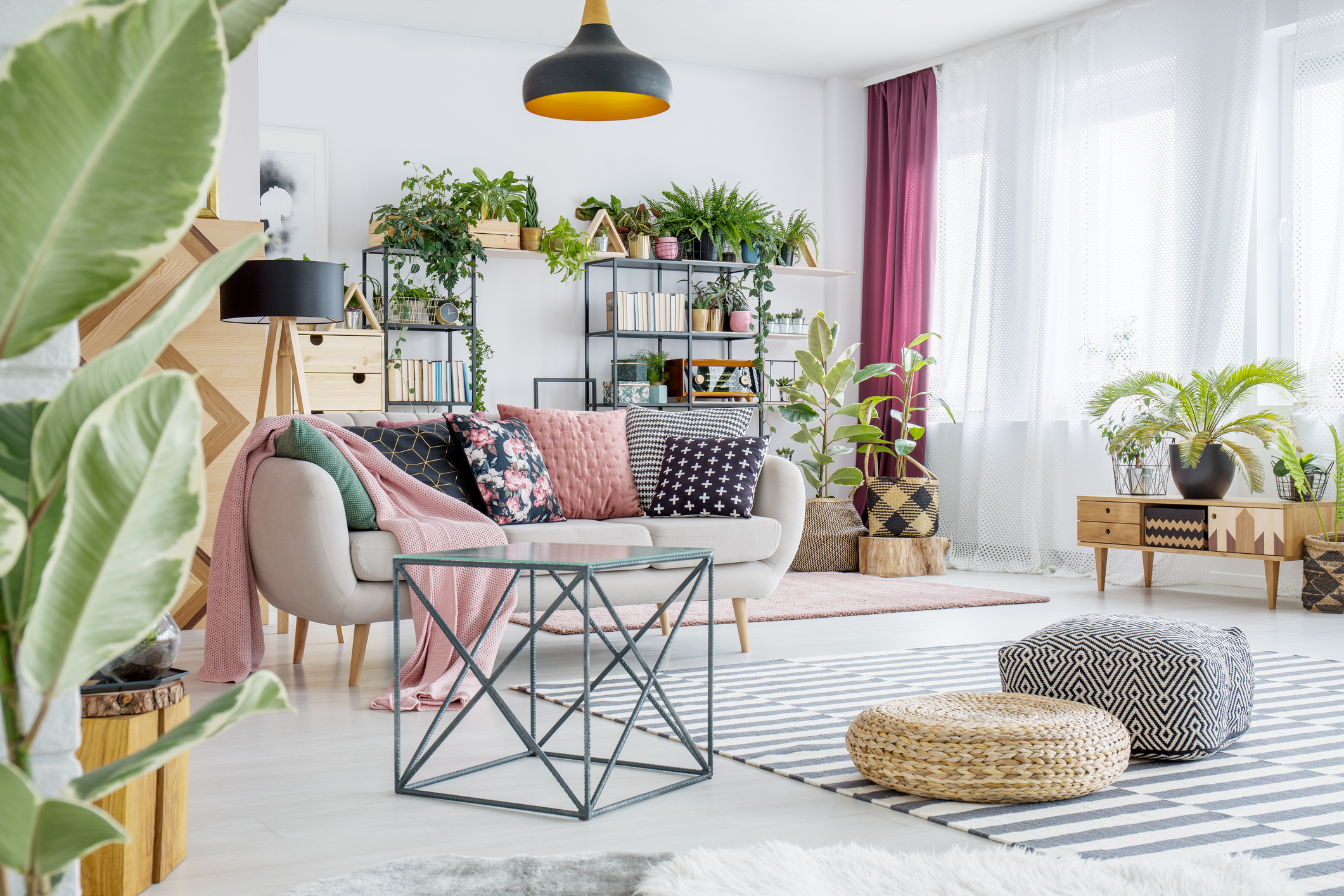 A bright and airy apartment living room with lots of plants and personal touches.